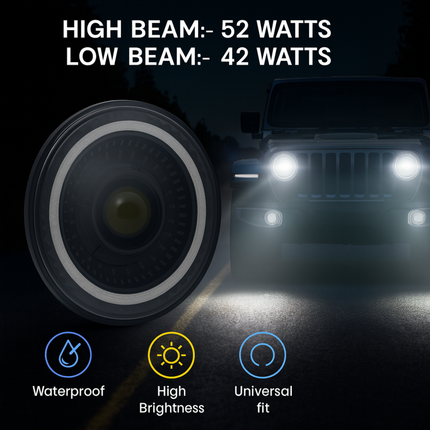 LIU HJG LED DRL 7 Inch Headlight Waterproof & Dustproof 52W 12V DC Power High/Low Beam Yellow White DRL Light Universal fit for Thar, Jeep, Classic 350 & Others (Pack of 1) - LIU HJG