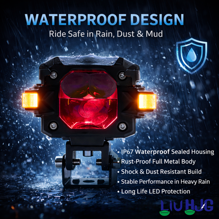 LIU HJG 3 Lens Fog Light with Indicator Waterproof 60W Each (120W Total) 12V-80V DC Power Yellow, White, Warm White, Red Devil Eye & Amber Indicator Light Universal fit All Bike & Car Model (Pack 2) - LIU HJG
