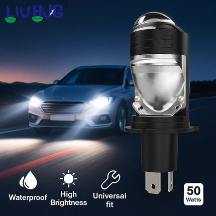 LIU HJG White & Yellow LED H4 Projector Lens Bulb with Red Devil Eye – High-Performance Headlight for Cars, Motorbikes & Trucks (12V, 50W)