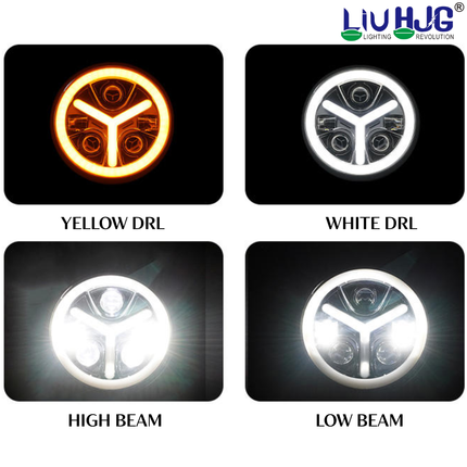 LIU HJG Y Shape 7 Inch LED DRL Full Ring Headlight Waterproof & Dustproof 90W 12V DC Power High Low Beam White Light Yellow & White DRL Light Universal Fit fot Thar, Jeep, Classic 350 (Pack of 1)