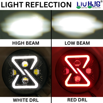 LIU HJG 7 Inch Full Ring X DRL Headlight High Bright Waterproof & Heat Dissipation 60W 12-80V DC High/Low Beam Reflection & RED DRL Light Universal Fit For Thar, Jeep, Classic 350 (Pack of 1) - LIU HJG