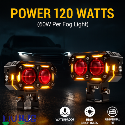 LIU HJG Dual Cut Lens Dual Lens LED Fog Light With Wiring Kit Waterproof & Dustproof 120W 12V DC Power Yellow, White, Red Devil Eye Light, Yellow DRL Universal fit for All Bikes & Cars (Pack of 2) - LIU HJG