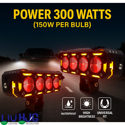 LIU HJG Dual Cut Lens 4 Lens LED Fog Light With Wiring Kit Waterproof & Dustproof 300W 12V DC Power Yellow, White, Red Devil Eye Light, Yellow DRL Universal fit for All Bikes & Cars (Pack of 2) - LIU HJG