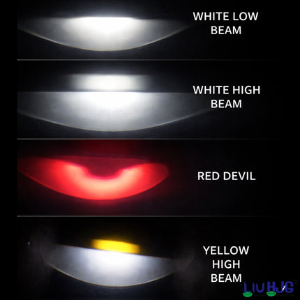 LIU HJG White & Yellow LED H4 Projector Lens Bulb with Red Devil Eye – High-Performance Headlight for Cars, Motorbikes & Trucks (12V, 50W)