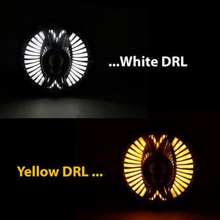90W 7 inch wing headlight, 7 inch wing design LED headlight, yellow white DRL headlight, wing DRL round headlight, 7 inch H4 LED headlight, dual color DRL LED headlight, round LED headlight for Royal Enfield, Thar wing LED headlight,