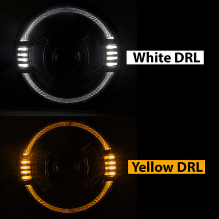 7 inch round LED headlight, yellow white DRL headlight, dual color DRL headlamp, round LED headlight for bikes, 7 inch LED headlight for cars, white yellow DRL headlight, 7 inch projector headlight, LED headlight with DRL ring, universal 7 inch headlight, motorcycle LED round headlight, off-road 7 inch headlamp, high power LED headlight, DRL headlight for Royal Enfield, Jeep LED headlight with DRL, 7 inch LED headlamp for Thar