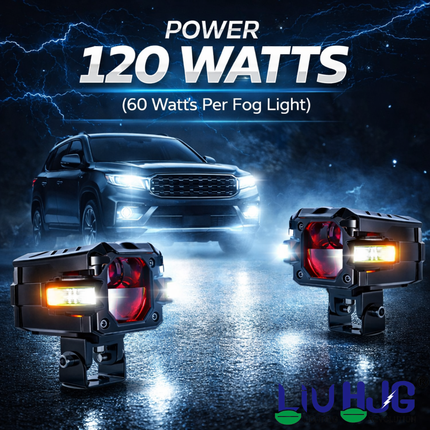 LIU HJG 3 Lens Fog Light with Indicator Waterproof 60W Each (120W Total) 12V-80V DC Power Yellow, White, Warm White, Red Devil Eye & Amber Indicator Light Universal fit All Bike & Car Model (Pack 2) - LIU HJG