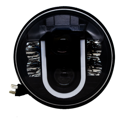 7 inch U shape DRL headlight, 7 inch round LED headlight, yellow white DRL headlight, dual color DRL headlight, U shape LED headlight, round headlight for bike, round headlight for car, Royal Enfield LED headlight, Thar LED headlight 7 inch, motorcycle round headlight, Jeep LED round headlight