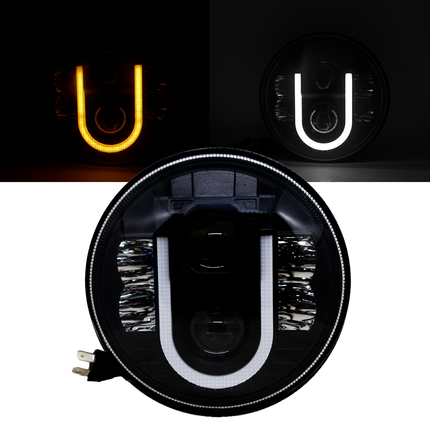 7 inch U shape DRL headlight, 7 inch round LED headlight, yellow white DRL headlight, dual color DRL headlight, U shape LED headlight, round headlight for bike, round headlight for car, Royal Enfield LED headlight, Thar LED headlight 7 inch, motorcycle round headlight, Jeep LED round headlight