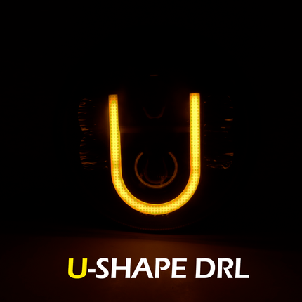 7 inch U shape DRL headlight, 7 inch round LED headlight, yellow white DRL headlight, dual color DRL headlight, U shape LED headlight, round headlight for bike, round headlight for car, Royal Enfield LED headlight, Thar LED headlight 7 inch, motorcycle round headlight, Jeep LED round headlight