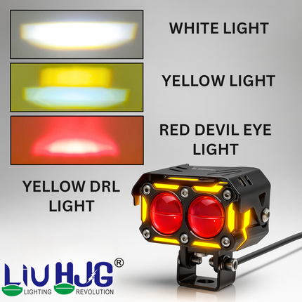 LIU HJG Dual Cut Lens Dual Lens LED Fog Light With Wiring Kit Waterproof & Dustproof 120W 12V DC Power Yellow, White, Red Devil Eye Light, Yellow DRL Universal fit for All Bikes & Cars (Pack of 2) - LIU HJG