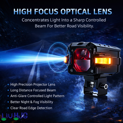LIU HJG 3 Lens Fog Light with Indicator Waterproof 60W Each (120W Total) 12V-80V DC Power Yellow, White, Warm White, Red Devil Eye & Amber Indicator Light Universal fit All Bike & Car Model (Pack 2) - LIU HJG