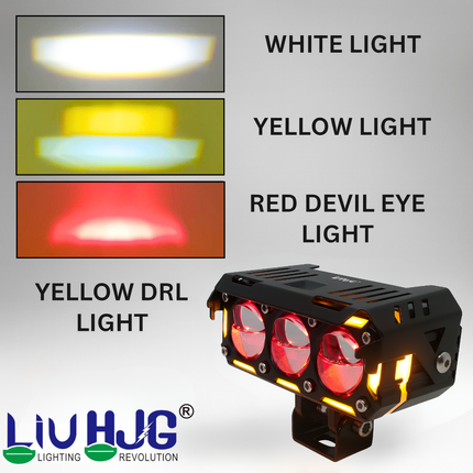 LIU HJG Dual Cut Lens 3 Lens LED Fog Light With Wiring Kit Waterproof & Dustproof 240W 12V DC Power Yellow, White, Red Devil Eye Light, Yellow DRL Universal fit for All Bikes & Cars (Pack of 2) - LIU HJG