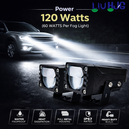 LIU HJG LED Dual Cut Lens Fog Light Waterproof & Heat Dissipation 2 Types of Clamp Fitting 120W 12V DC Power Yellow White & Red Devil Eye Light Universal fit All Bikes & Cars (Pack of 2) - LIU HJG