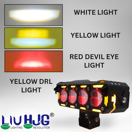 LIU HJG Dual Cut Lens 4 Lens LED Fog Light With Wiring Kit Waterproof & Dustproof 300W 12V DC Power Yellow, White, Red Devil Eye Light, Yellow DRL Universal fit for All Bikes & Cars (Pack of 2) - LIU HJG
