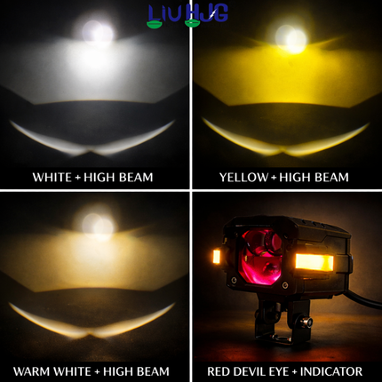 LIU HJG 3 Lens Fog Light with Indicator Waterproof 60W Each (120W Total) 12V-80V DC Power Yellow, White, Warm White, Red Devil Eye & Amber Indicator Light Universal fit All Bike & Car Model (Pack 2) - LIU HJG
