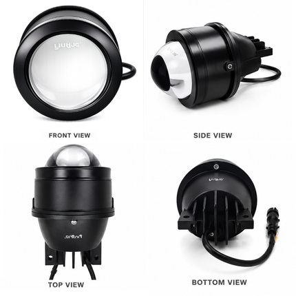LIU HJG 3 Inch Tri-Color LED Projector Fog Lamp Front, Side, Top, and Bottom Angle Views