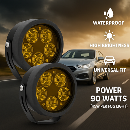 LIU HJG 90W 5-LED Round White Fog Light with Yellow Cap | High Power LED for Cars, Bikes, Trucks & Motorcycles | Universal Fit - LIU HJG