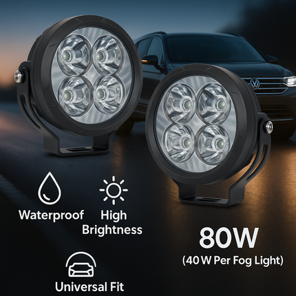 LIU HJG 80W Round 4 LED Fog Lights with Yellow Cap and Wiring Kit Universal for Car & Bike (Pack of 2) - LIU HJG