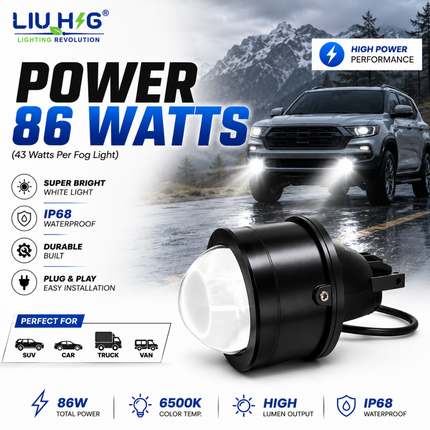 LIU HJG 86W Total Power 43W Per Light 6500K High Output LED Projector Fog Light Setup