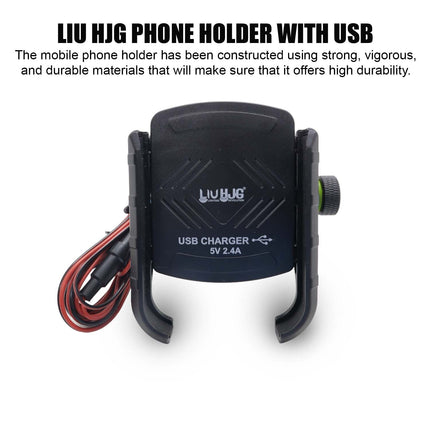 LIU HJG bike mobile holder with USB, universal motorcycle phone mount, 360° rotating mobile holder for bike, phone holder with charger for bikes, adjustable bike phone mount, secure mobile holder for motorcycle, USB charging phone mount for two-wheelers, handlebar phone holder with USB, mobile stand for all bikes, heavy-duty bike phone clamp, mobile holder with 360 degree rotation, LIU HJG universal bike accessories.