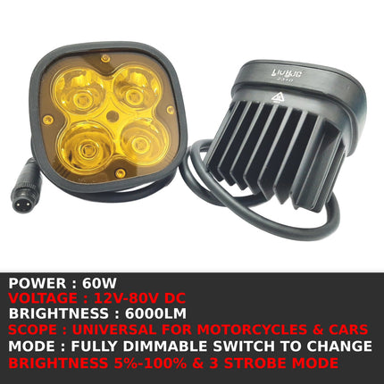 LIU HJG 60W LED Fog Light with Yellow Lens Cap & Wiring Kit | Universal Fit for Bike & Car