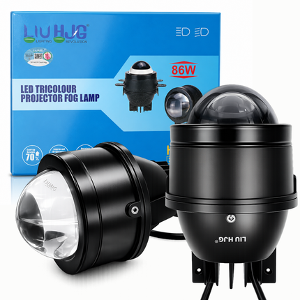 Original LIU HJG 86W 3 Inch Tri-Color LED Projector Fog Lamp Pack of 2 with Box and Security Hologram