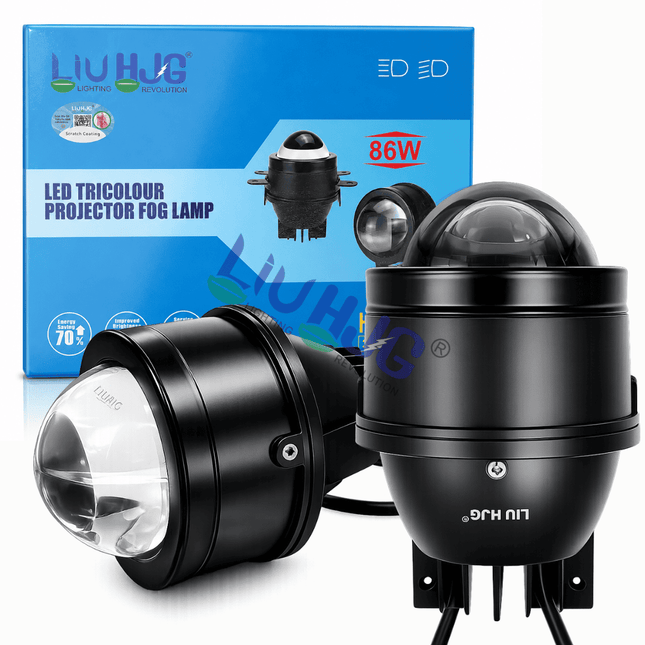 Original LIU HJG 86W 3 Inch Tri-Color LED Projector Fog Lamp Pack of 2 with Box and Security Hologram