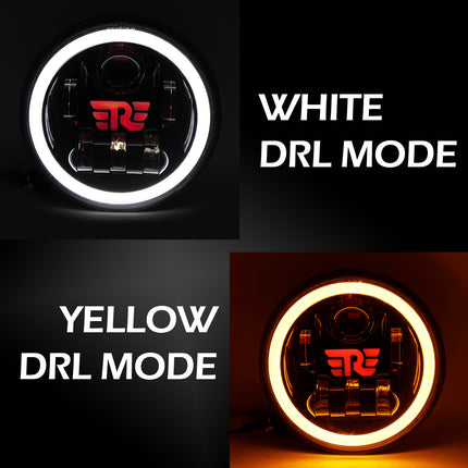 7 inch RE logo headlight, Royal Enfield LED headlight, Mahindra Thar 7 inch headlight, round LED headlight yellow white DRL, RE logo LED headlamp, 7 inch bike headlight for Royal Enfield, dual color DRL headlight, LED headlight for Mahindra Thar, yellow white DRL round headlight, Royal Enfield classic 350 LED light, Thar compatible 7 inch headlamp, motorcycle LED headlight with DRL