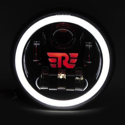 7 inch RE logo headlight, Royal Enfield LED headlight, Mahindra Thar 7 inch headlight, round LED headlight yellow white DRL, RE logo LED headlamp, 7 inch bike headlight for Royal Enfield, dual color DRL headlight, LED headlight for Mahindra Thar, yellow white DRL round headlight, Royal Enfield classic 350 LED light, Thar compatible 7 inch headlamp, motorcycle LED headlight with DRL