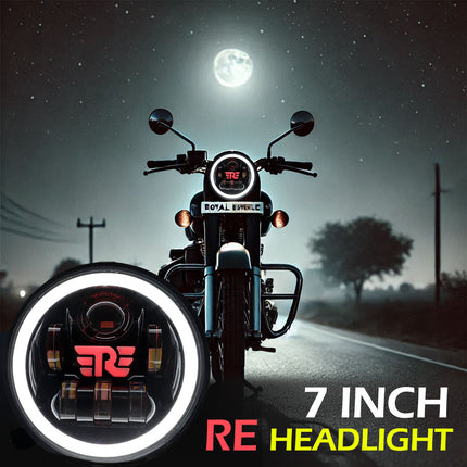 7 inch RE logo headlight, Royal Enfield LED headlight, Mahindra Thar 7 inch headlight, round LED headlight yellow white DRL, RE logo LED headlamp, 7 inch bike headlight for Royal Enfield, dual color DRL headlight, LED headlight for Mahindra Thar, yellow white DRL round headlight, Royal Enfield classic 350 LED light, Thar compatible 7 inch headlamp, motorcycle LED headlight with DRL