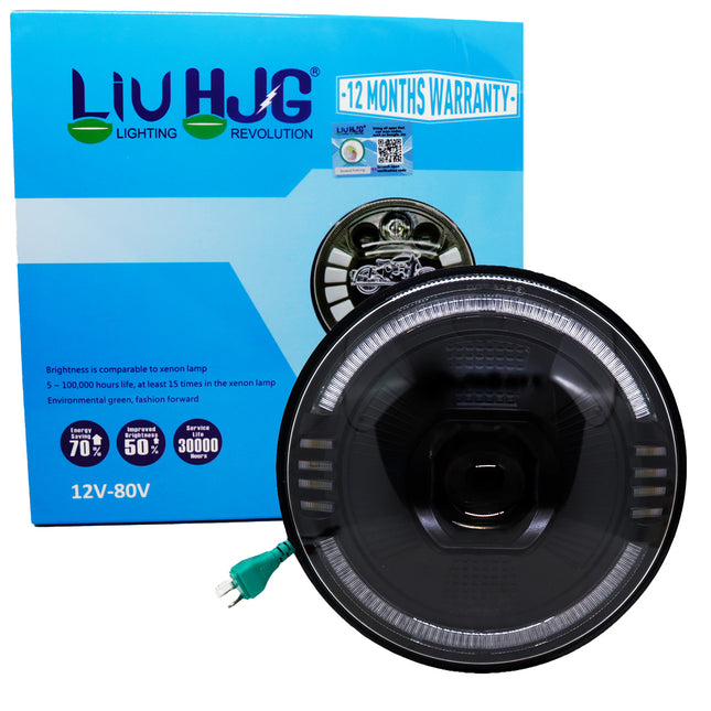 7 inch round LED headlight, yellow white DRL headlight, dual color DRL headlamp, round LED headlight for bikes, 7 inch LED headlight for cars, white yellow DRL headlight, 7 inch projector headlight, LED headlight with DRL ring, universal 7 inch headlight, motorcycle LED round headlight, off-road 7 inch headlamp, high power LED headlight, DRL headlight for Royal Enfield, Jeep LED headlight with DRL, 7 inch LED headlamp for Thar