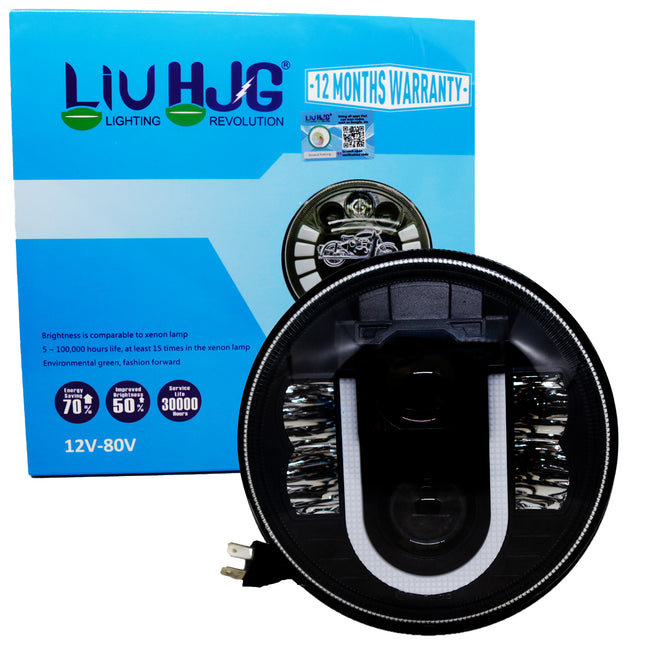 7 inch U shape DRL headlight, 7 inch round LED headlight, yellow white DRL headlight, dual color DRL headlight, U shape LED headlight, round headlight for bike, round headlight for car, Royal Enfield LED headlight, Thar LED headlight 7 inch, motorcycle round headlight, Jeep LED round headlight