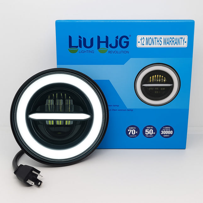LIU HJG 7 inch round LED headlight, 7 inch LED headlight with DRL, hi low beam LED headlight, yellow white DRL ring headlight, thick DRL LED headlight, LED headlight for Royal Enfield, LED headlight for Jeep and Thar
