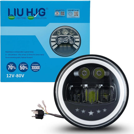 LIU HJG 7 inch LED headlight, Star LED headlight for Royal Enfield, Mahindra Bullet LED light, Bullet Electra LED headlamp, Classic 500 LED headlight, Royal Enfield headlight upgrade, 7 inch round LED bike headlight, high power LED headlight for Bullet, yellow DRL bike headlight, universal 7 inch LED headlamp, vintage bike LED headlight, Classic series LED headlight, LED headlight for cruiser bikes, 75W LED headlight for motorcycles.