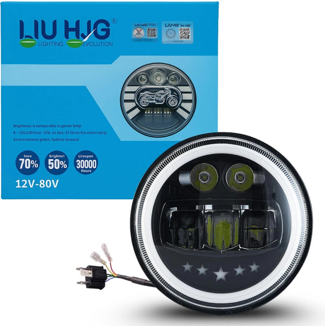 LIU HJG 7 inch LED headlight, Star LED headlight for Royal Enfield, Mahindra Bullet LED light, Bullet Electra LED headlamp, Classic 500 LED headlight, Royal Enfield headlight upgrade, 7 inch round LED bike headlight, high power LED headlight for Bullet, yellow DRL bike headlight, universal 7 inch LED headlamp, vintage bike LED headlight, Classic series LED headlight, LED headlight for cruiser bikes, 75W LED headlight for motorcycles.