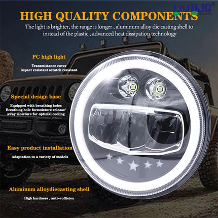 LIU HJG 7 inch LED headlight, Star LED headlight for Royal Enfield, Mahindra Bullet LED light, Bullet Electra LED headlamp, Classic 500 LED headlight, Royal Enfield headlight upgrade, 7 inch round LED bike headlight, high power LED headlight for Bullet, yellow DRL bike headlight, universal 7 inch LED headlamp, vintage bike LED headlight, Classic series LED headlight, LED headlight for cruiser bikes, 75W LED headlight for motorcycles.