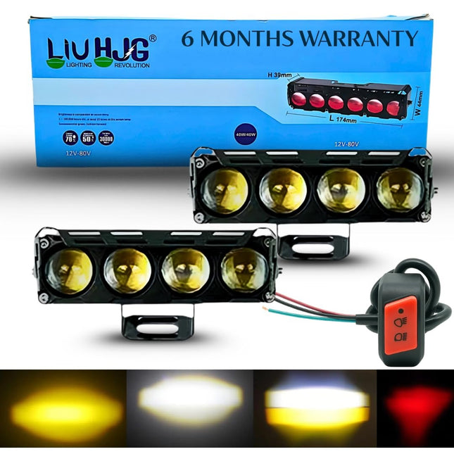LIU HJG 100W Yellow/White 4 LED Fog Light with Red Devil Eye DRL | Dual Beam | Universal Fit for Bike & Car | Waterproof | 12V–80V | Stylish Design | Pack of 2