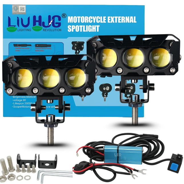 LIU HJG Triple Lens 90W LED Headlight Fog Lamp – Dual Color Motorcycle Spot with Hi/Low Beam, Waterproof 9-60V DC Work, Durable Driving with Wiring Kit (Pack of 2)