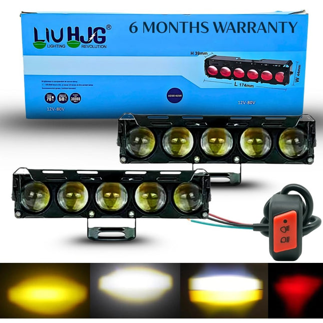 LIU HJG 120W Yellow/White 5 LED Fog Light with Red Devil Eye DRL | Dual Beam | Universal Fit for Bike & Car | Waterproof | 12V–80V | High Brightness | Stylish Design | Pack of 2