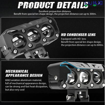LIU HJG Triple Lens 90W LED Headlight Fog Lamp – Dual Color Motorcycle Spot with Hi/Low Beam, Waterproof 9-60V DC Work, Durable Driving with Wiring Kit (Pack of 2) - LIU HJG