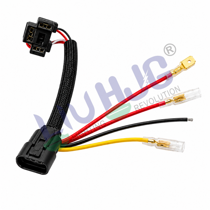 Side angle view of LIU HJG 4-pin to H4 headlight conversion adapter cable with protective braided sleeve.