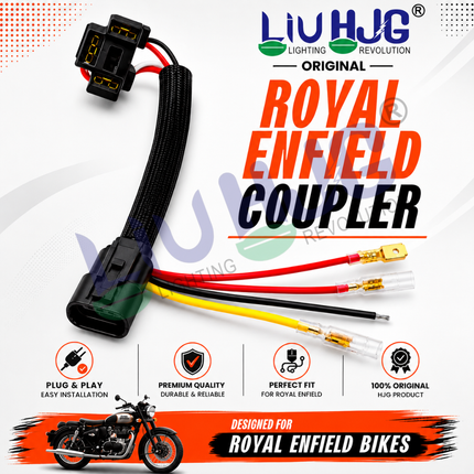 Feature list showing pure copper wiring, weather resistance, pure copper conductors, and direct 4-pin Royal Enfield fitment.