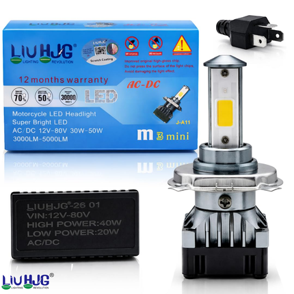LIU HJG 40W H4 LED Headlight Bulb with canbus Adapter Box and 12 Months Warranty Badge