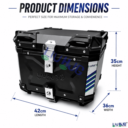 LIU HJG® Original 45L Motorcycle Aluminum Top Case - Lockable Rear Storage Box with Universal Mounting Plate (Black)