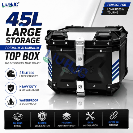 LIU HJG® Original 45L Motorcycle Aluminum Top Case - Lockable Rear Storage Box with Universal Mounting Plate (Black)