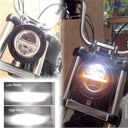LIU HJG 7 inch 90W round LED headlight installed on Royal Enfield motorcycle showing high beam cutoff pattern.
