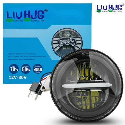 Authentic LIU HJG 7 Inch 90W Round LED headlight with Minus DRL, H4 wiring harness, and official retail box packaging.
