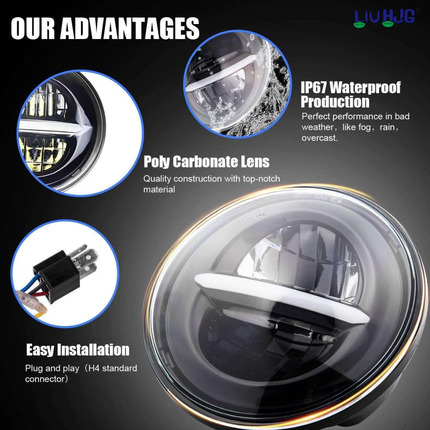 IP67 waterproof rating features, polycarbonate lens, cast aluminum housing, and H4 plug of LIU HJG 7 inch LED headlight.