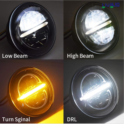 Four lighting mode outputs showing Low Beam, High Beam, Amber Turn Signal, and White Minus DRL.